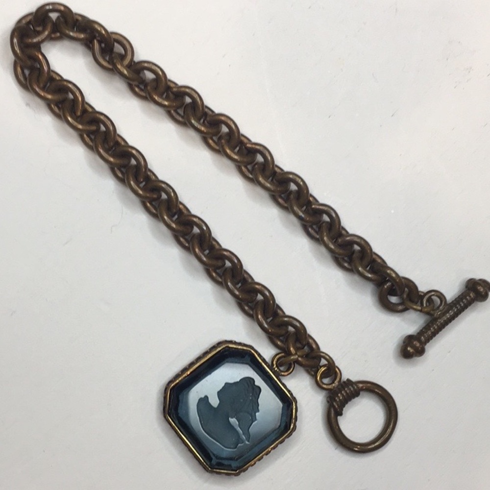 Blue & Antiqued Gold Chain Link Bracelet w/ Square Gemstone